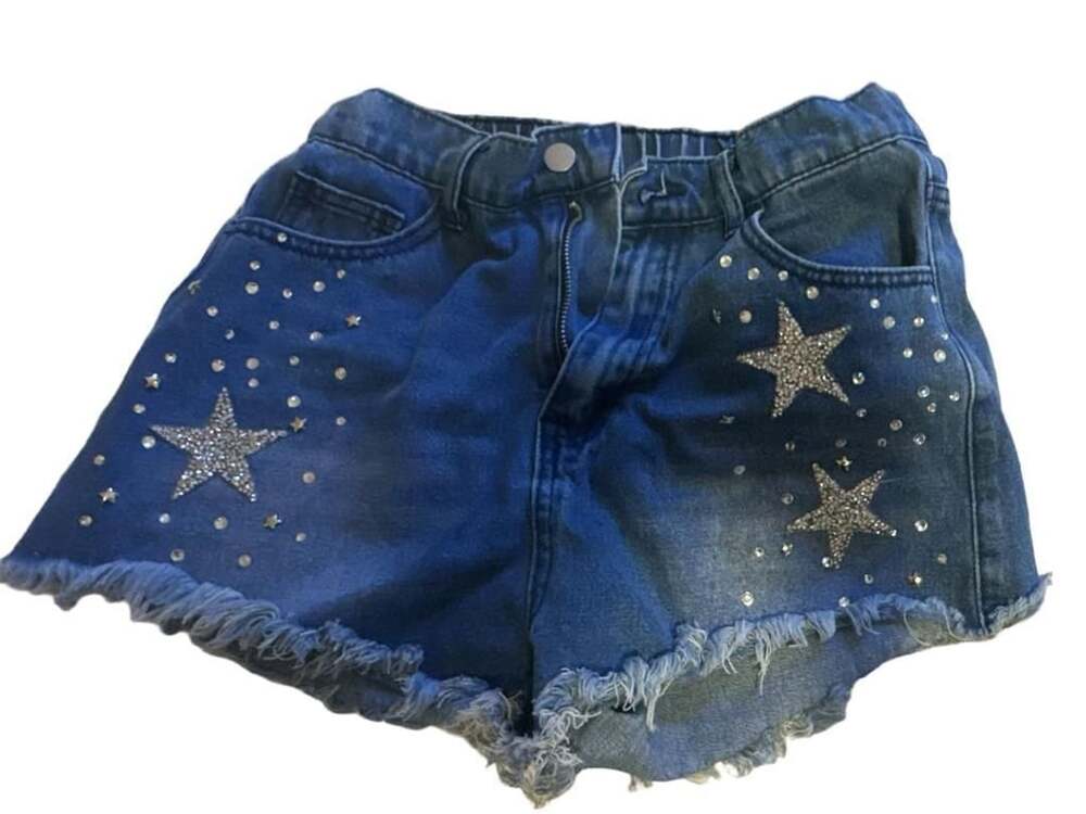 Denim Star Rhinestone Shorts Size S Raw Hem Blue